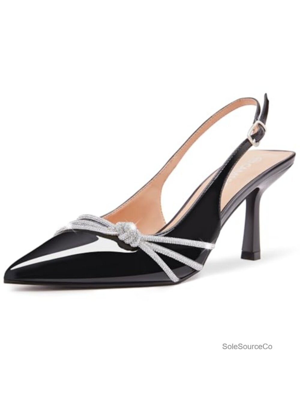 CAMSSOO Rhinestone Bow Kitten Heels Pointy Slingback Pumps Faux Leather